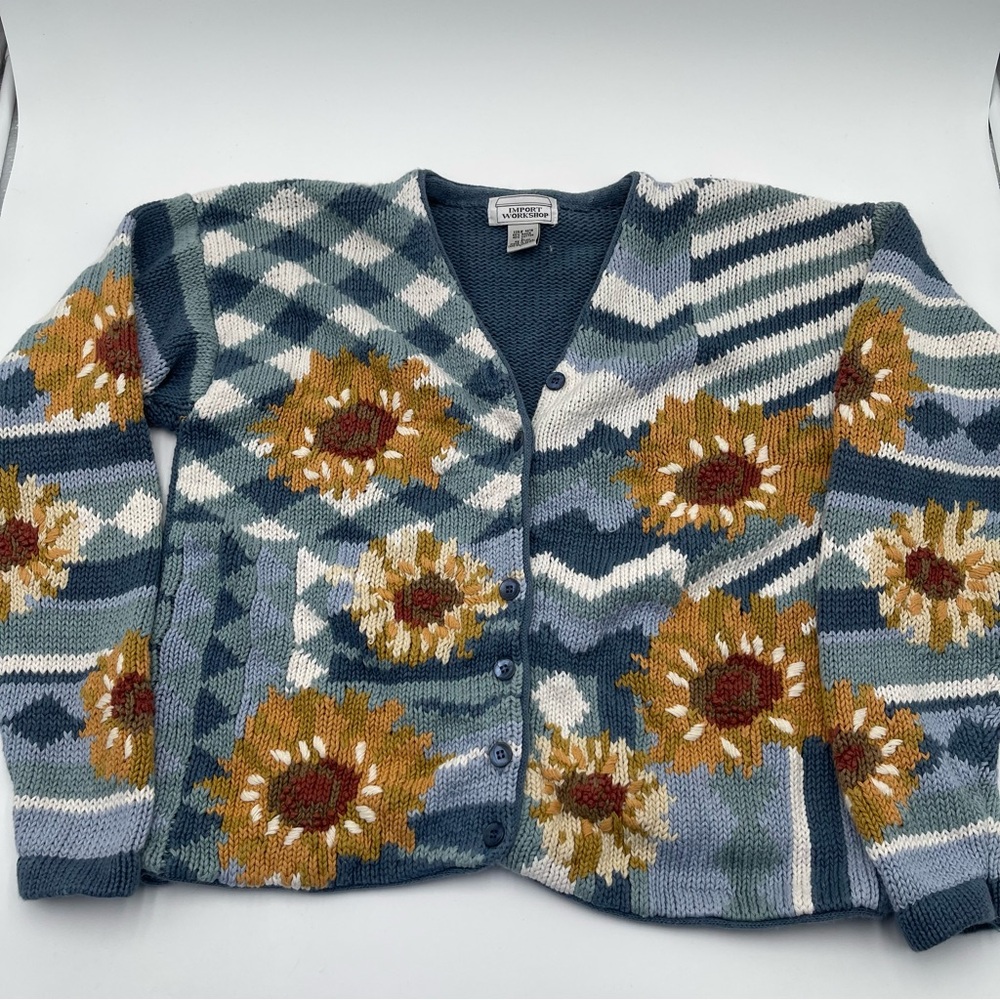 Vtg Import Workshop Sunflower Cardigan Sweater Chunky Knit Women’s Large - Picture 5 of 12